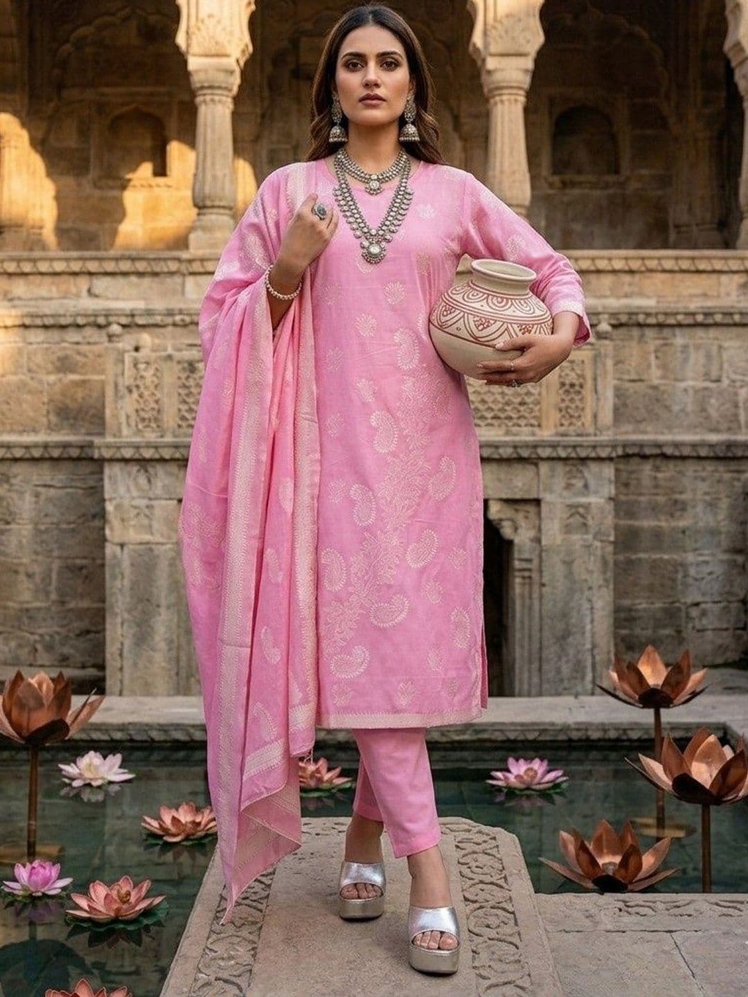 DOLLED Ethnic Motifs Printed Pure Cotton Kurta With Trousers & Dupatta - view 1
