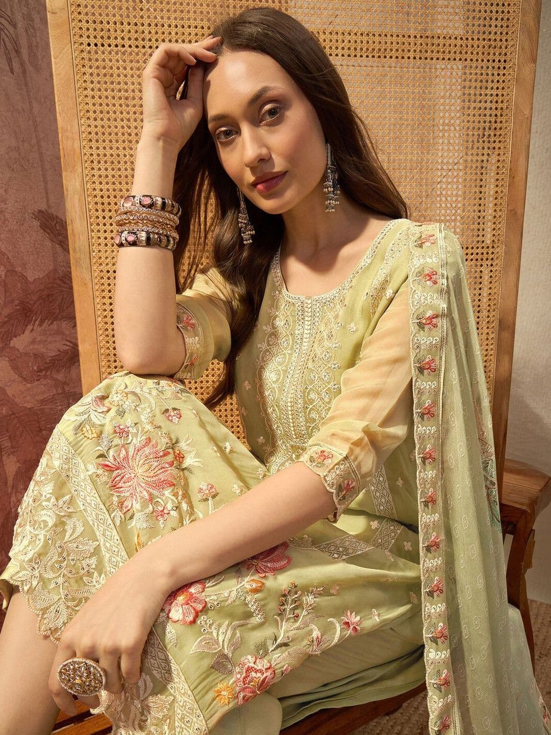 Sangria Embroidered Round Neck Kurta & Trousers With Dupatta thumbnail 5