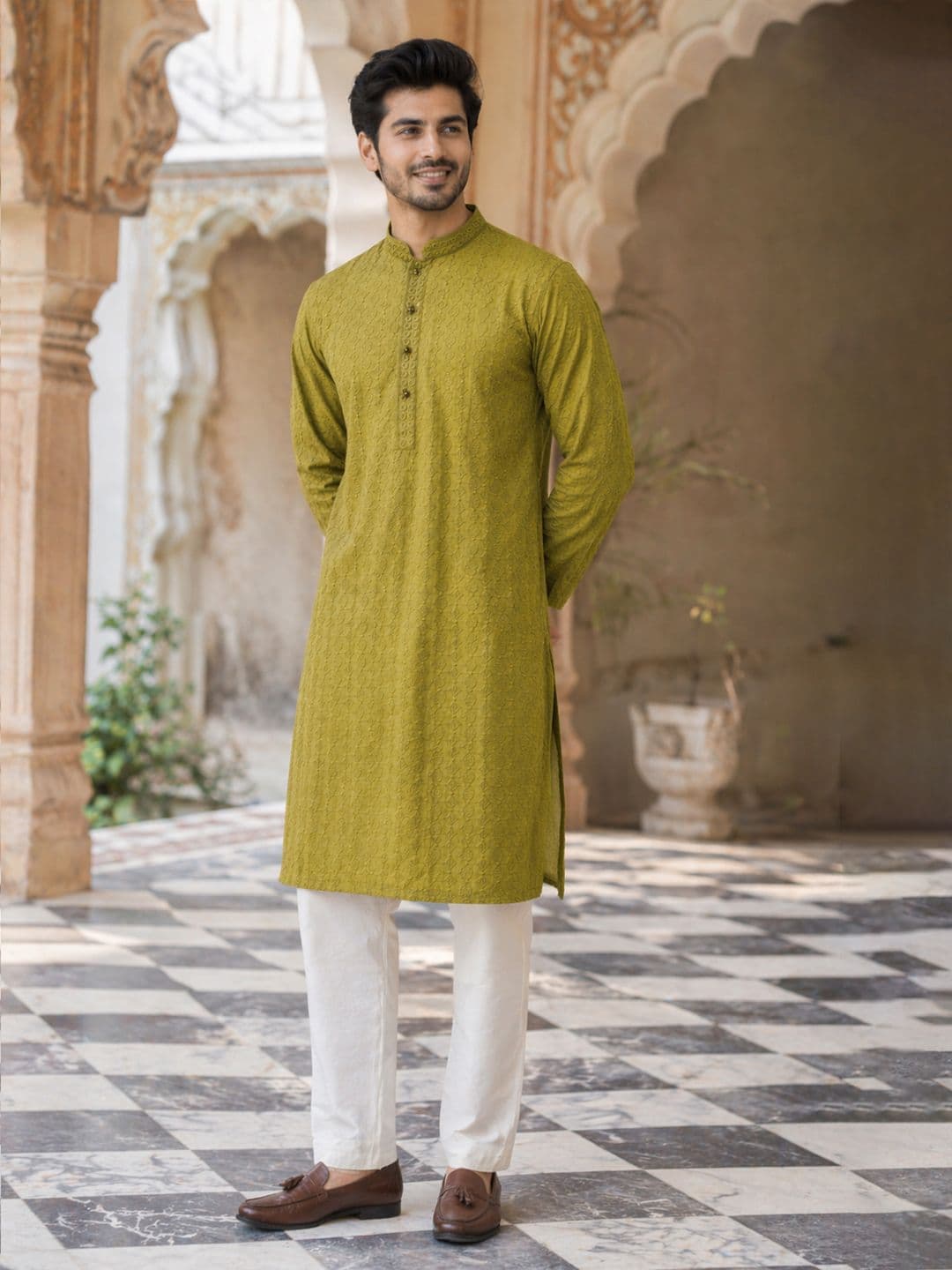 House of Pataudi Woven Design Mandarin Collar Chikankari Straight Kurta thumbnail 4