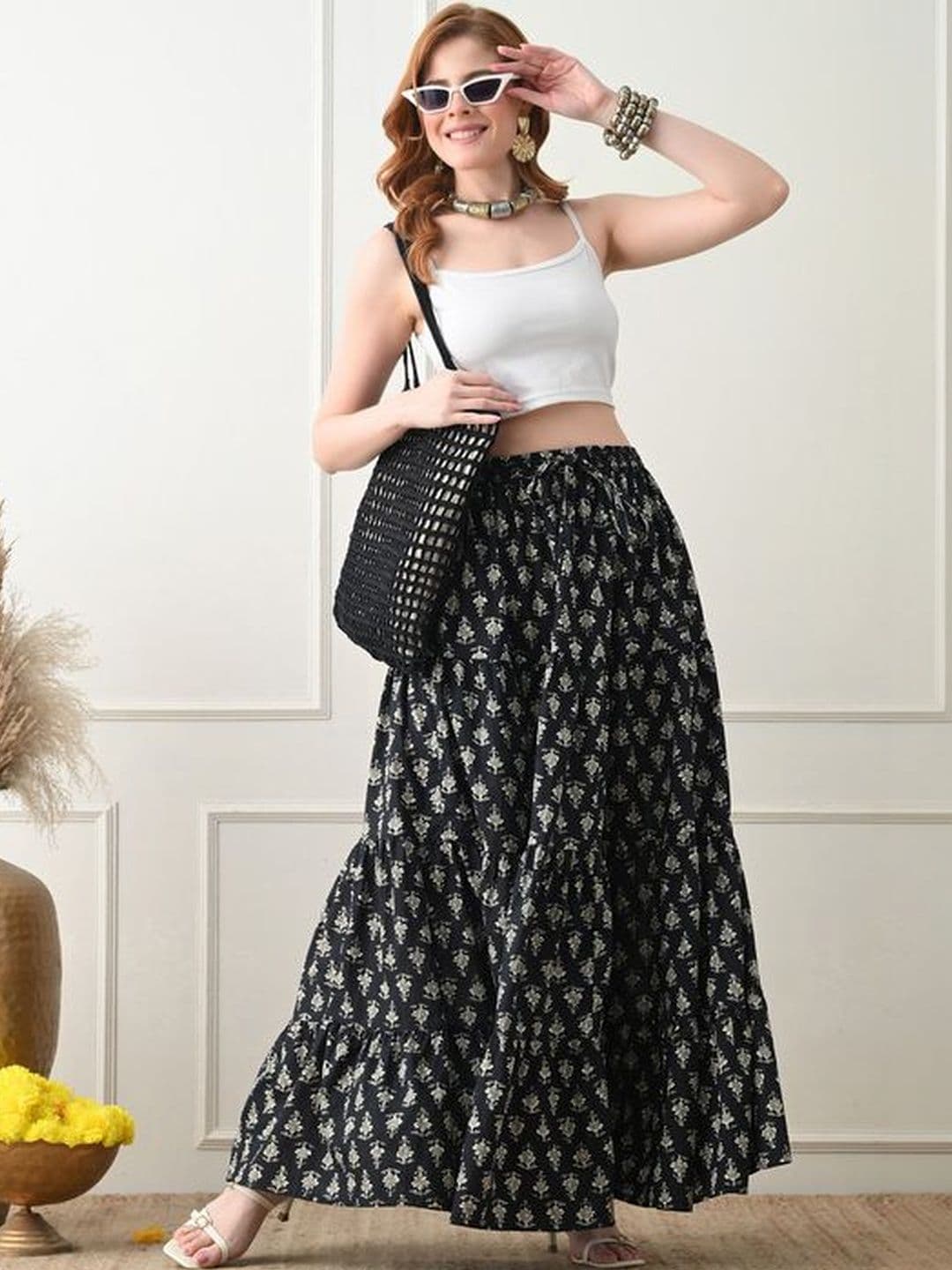 MFGIVA Women Cotton Floral Tiered Maxi Tiered Skirt thumbnail 3