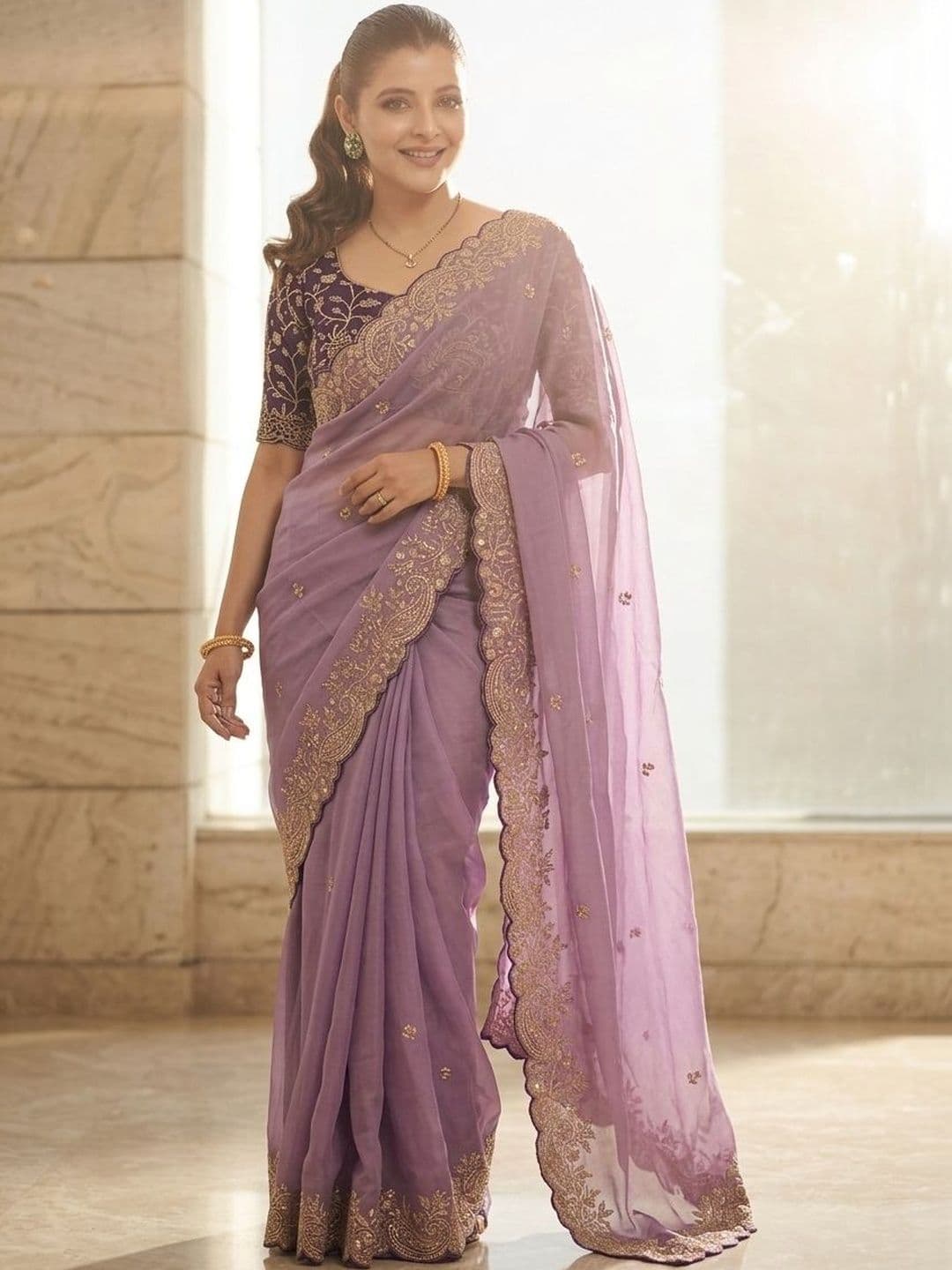 Sangria Geometric Embroidered Saree With Blouse Piece - view 1
