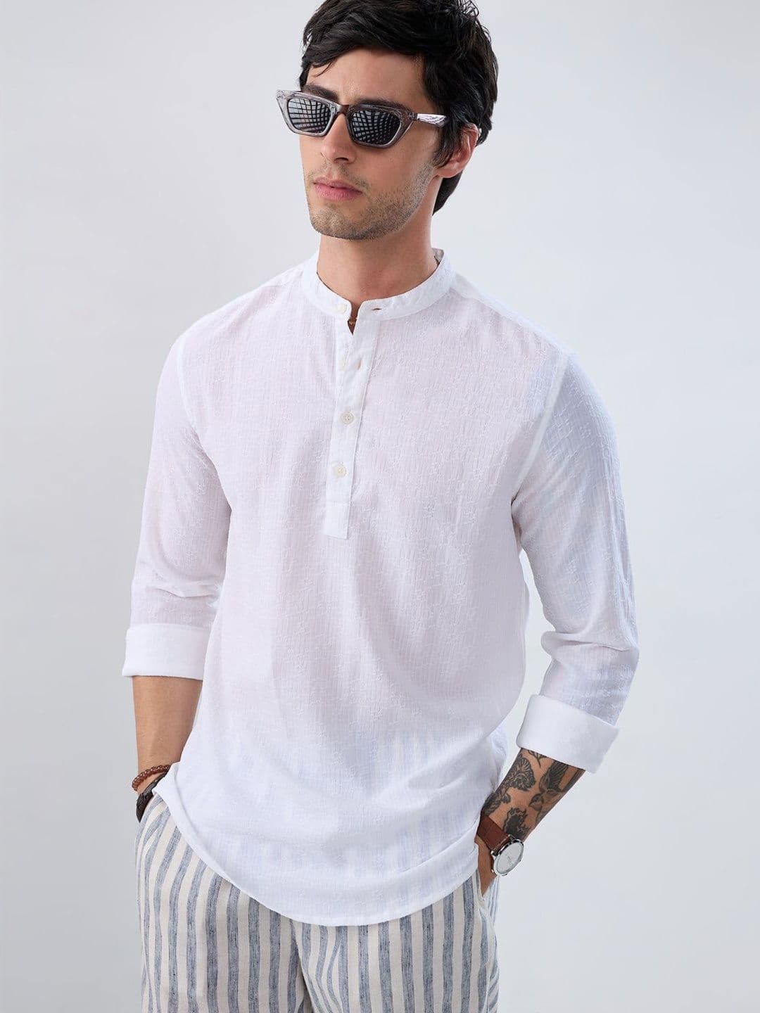VASTRADO White Fine Weave Jacquard Kurta thumbnail 7