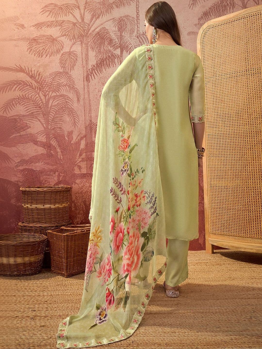 Sangria Embroidered Round Neck Kurta & Trousers With Dupatta thumbnail 6