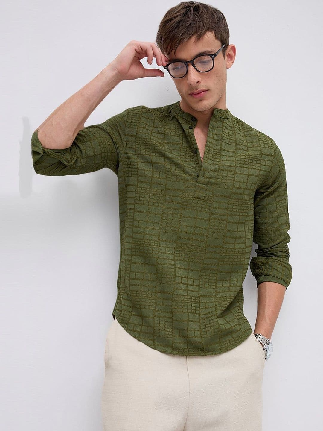 VASTRADO Classic Forest Green Maze Textured Kurta thumbnail 7