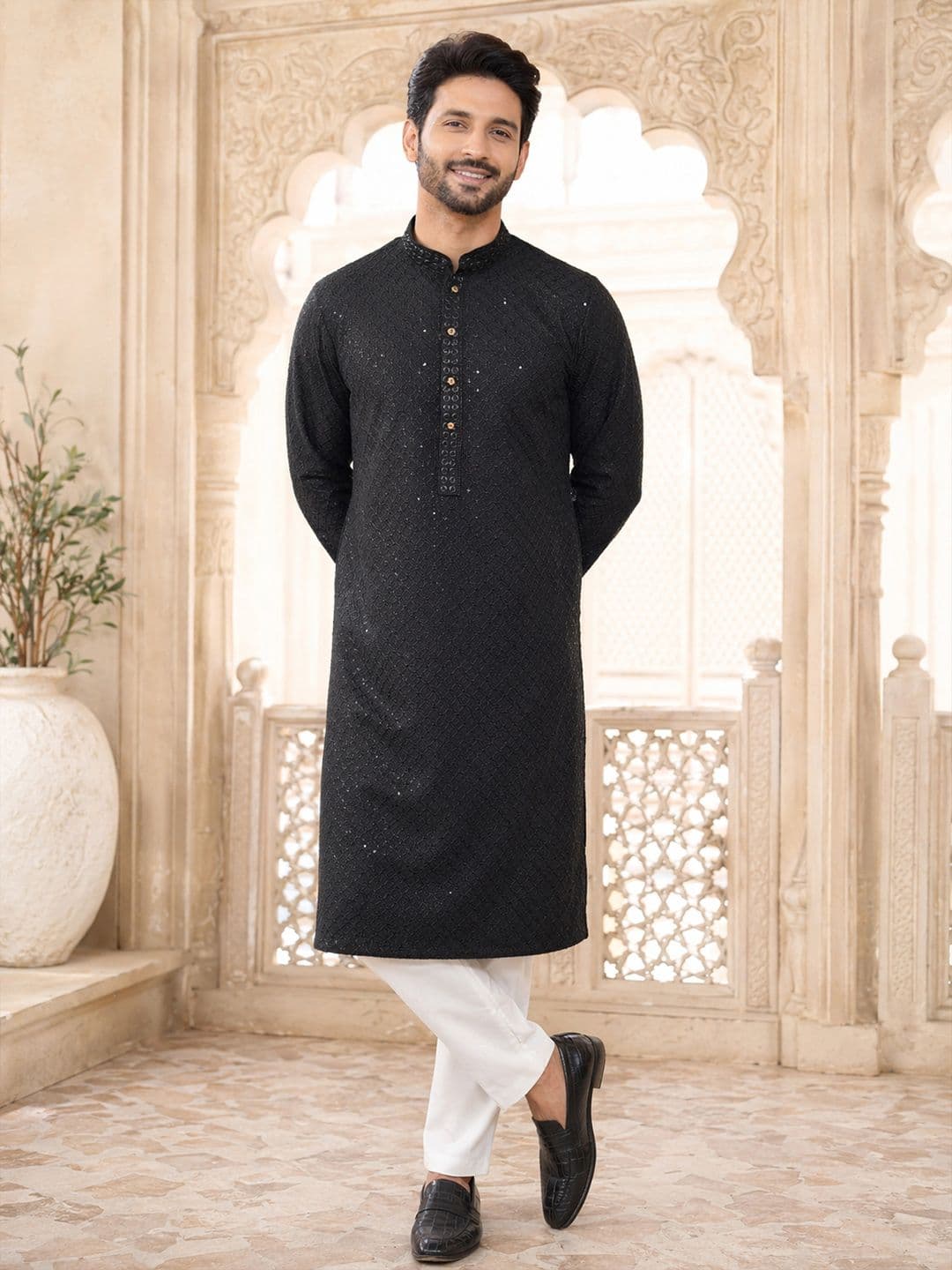 House of Pataudi Ethnic Motifs Embroidered Sequinned Detail Mandarin Collar Straight Kurta thumbnail 6
