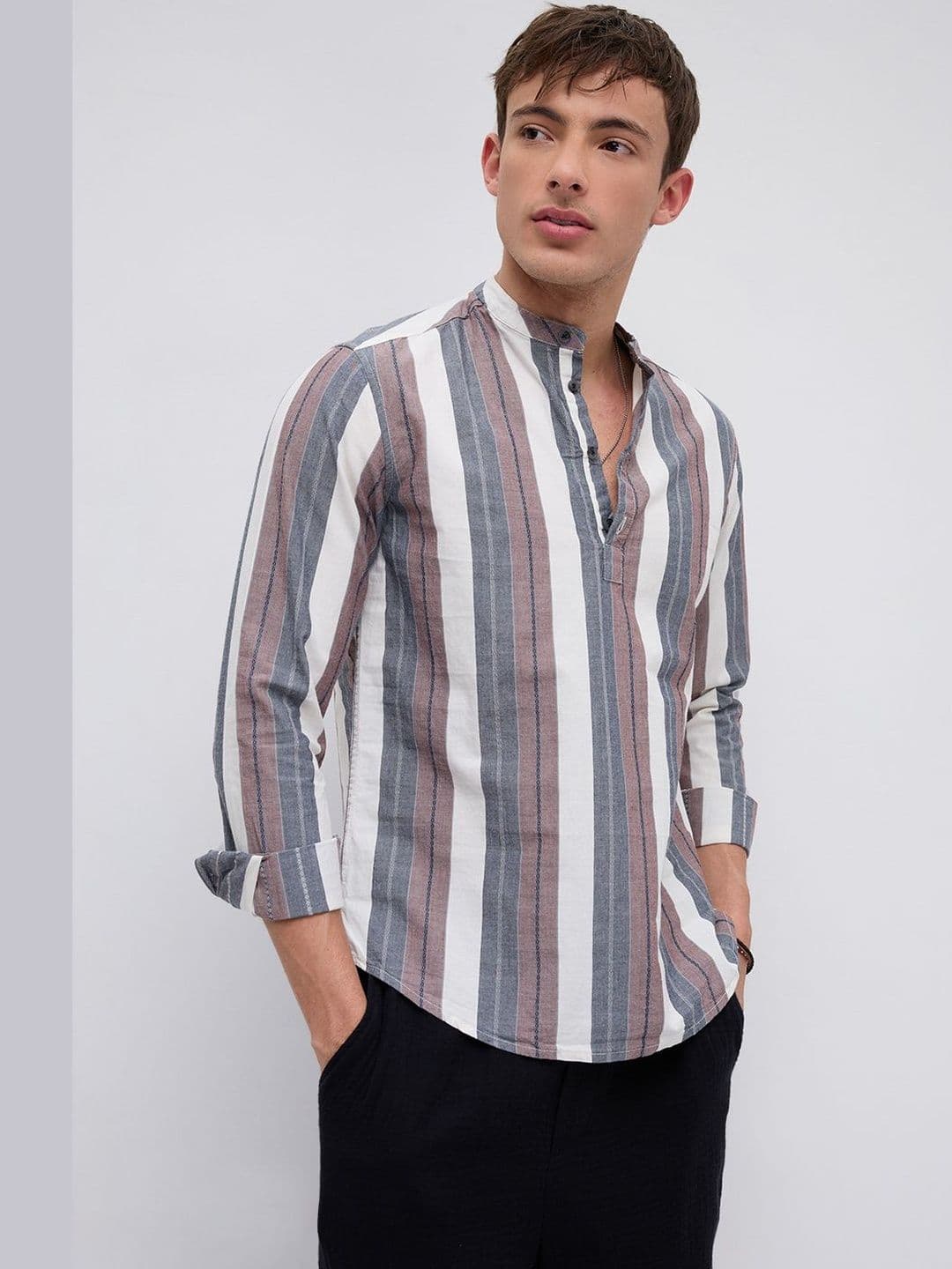 VASTRADO Refined White & Grey Broad Striped Kurta thumbnail 6