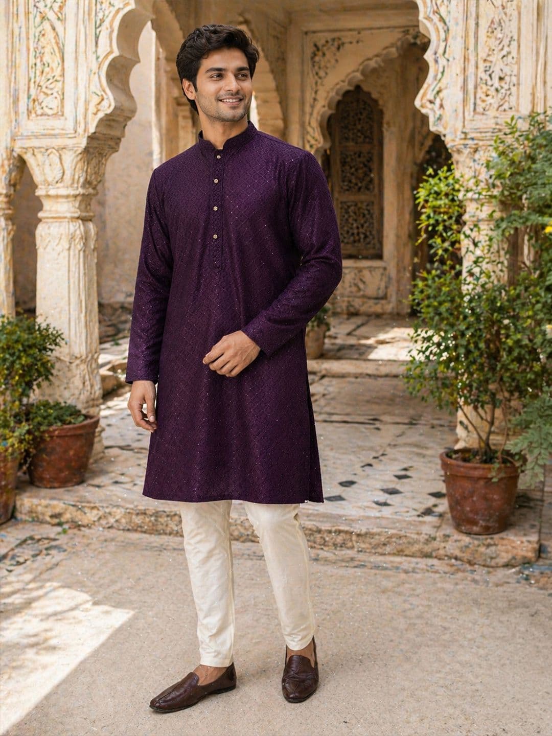 House of Pataudi Ethnic Motifs Embroidered Sequinned Detail Mandarin Collar Straight Kurta thumbnail 6