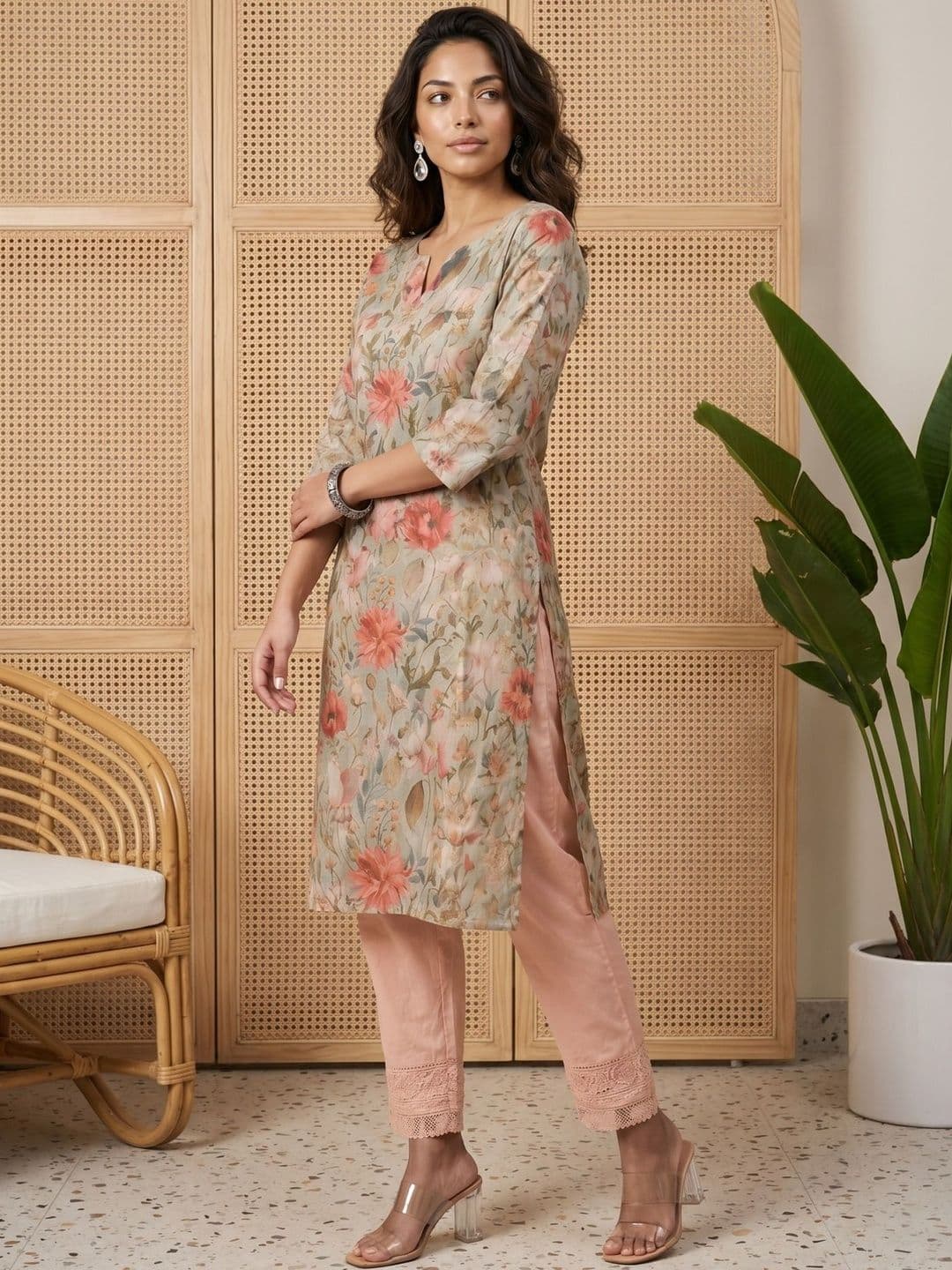 Anouk Rustic Women Round Notch Neck Floral Printed Straight Kurta thumbnail 2