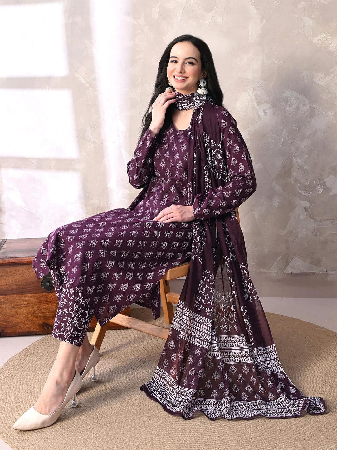 MEERA FAB Women Ethnic Motifs Printed Regular Pure Cotton Kurta with Palazzos & With Dupatta - view 1