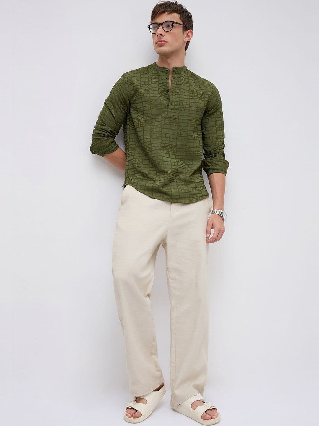 VASTRADO Classic Forest Green Maze Textured Kurta thumbnail 2