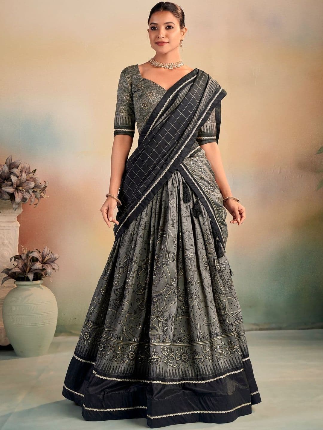 SOURAGYA Embroidered Kalamkari Semi-Stitched Lehenga & Blouse With Dupatta thumbnail 4