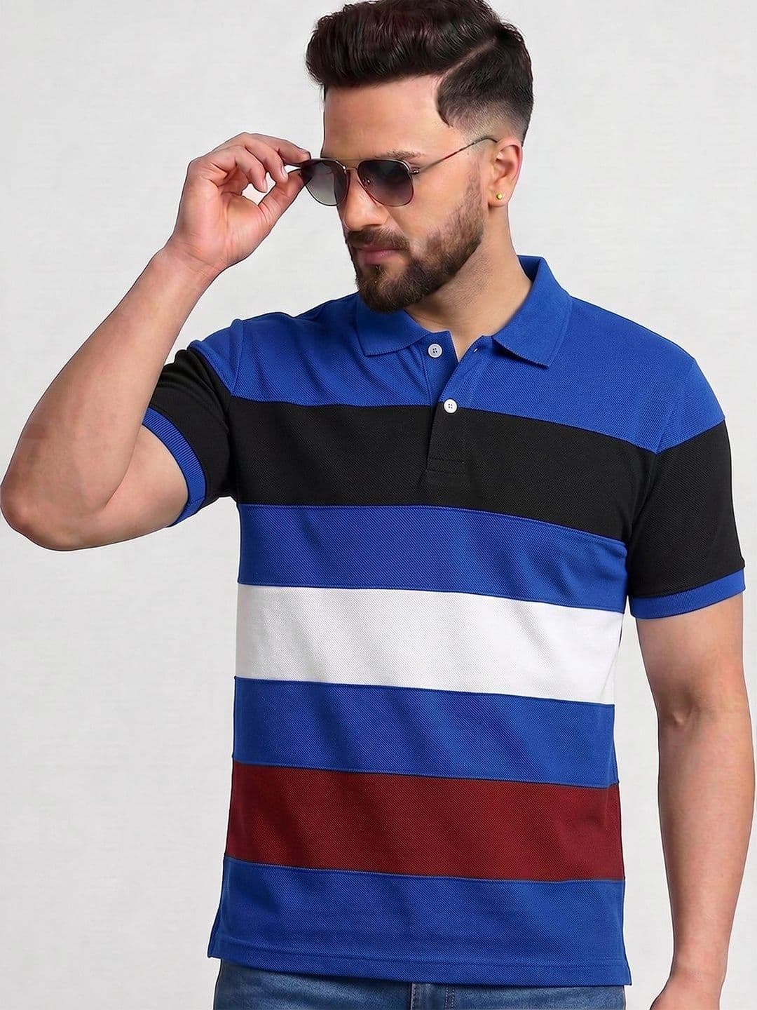 TB BLUE Men Striped Polo Collar Slim Fit T-shirt - view 1
