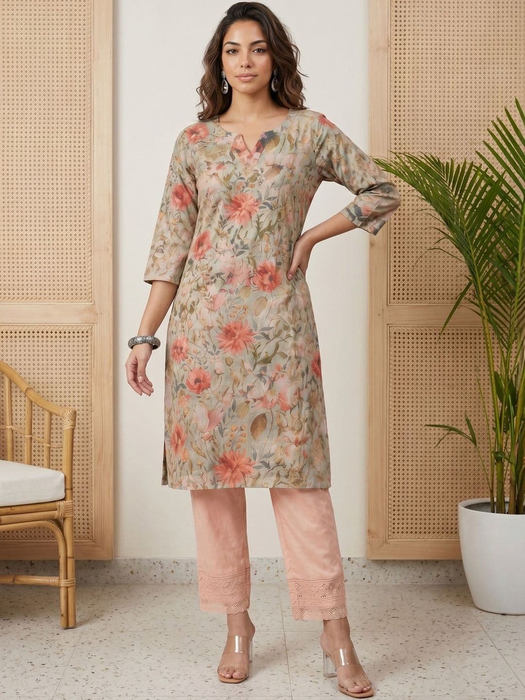 Anouk Rustic Women Round Notch Neck Floral Printed Straight Kurta thumbnail 3
