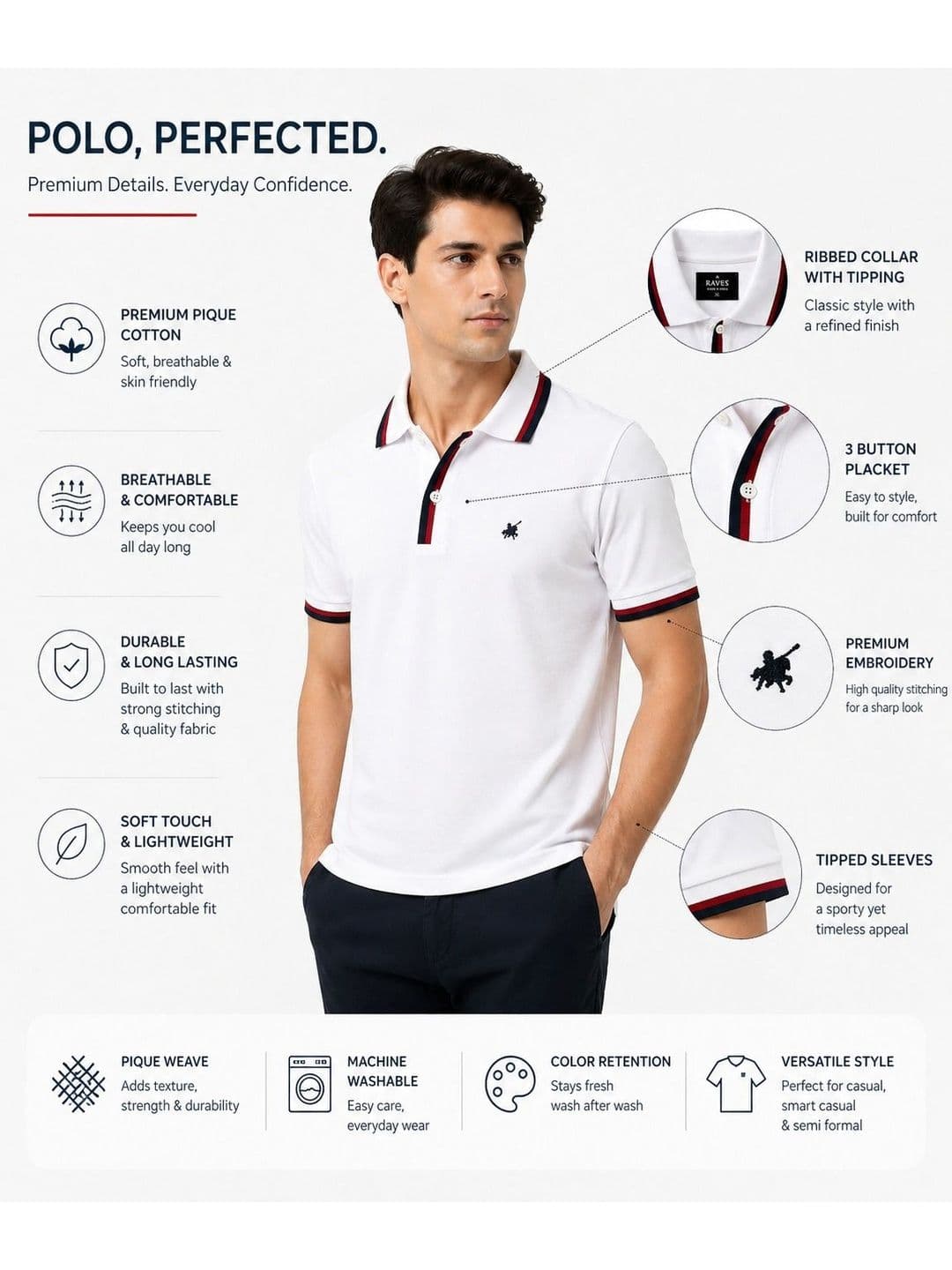 Raves Men Brand Logo Polo Collar Bio Finish T-shirt thumbnail 5