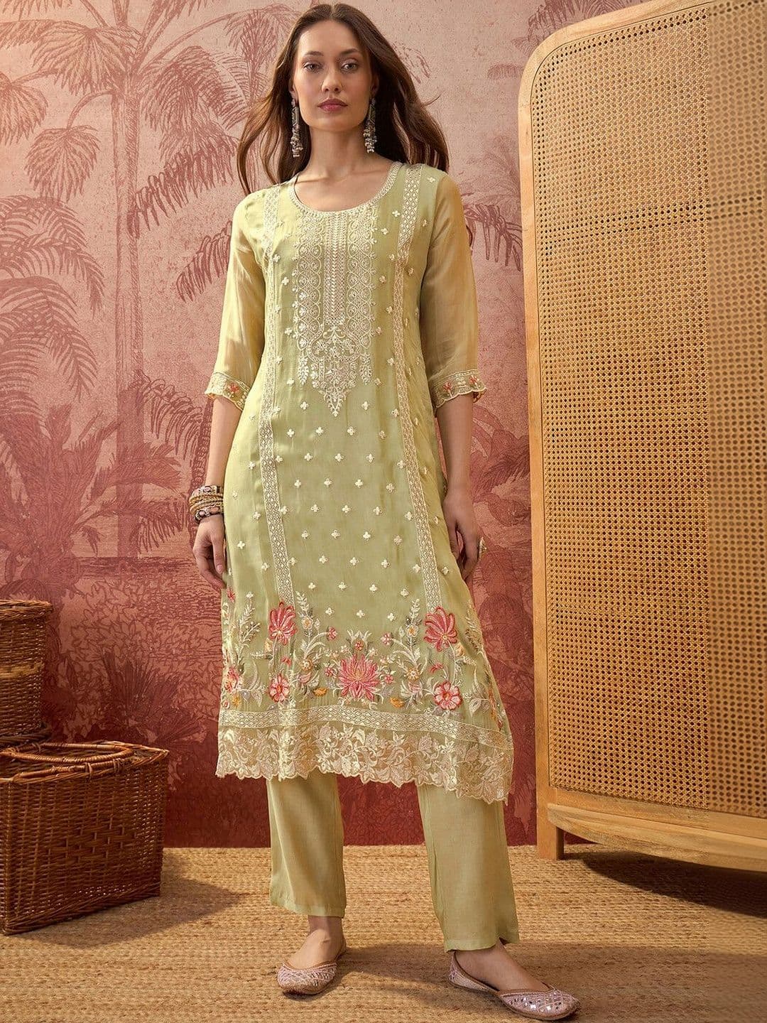 Sangria Embroidered Round Neck Kurta & Trousers With Dupatta thumbnail 3