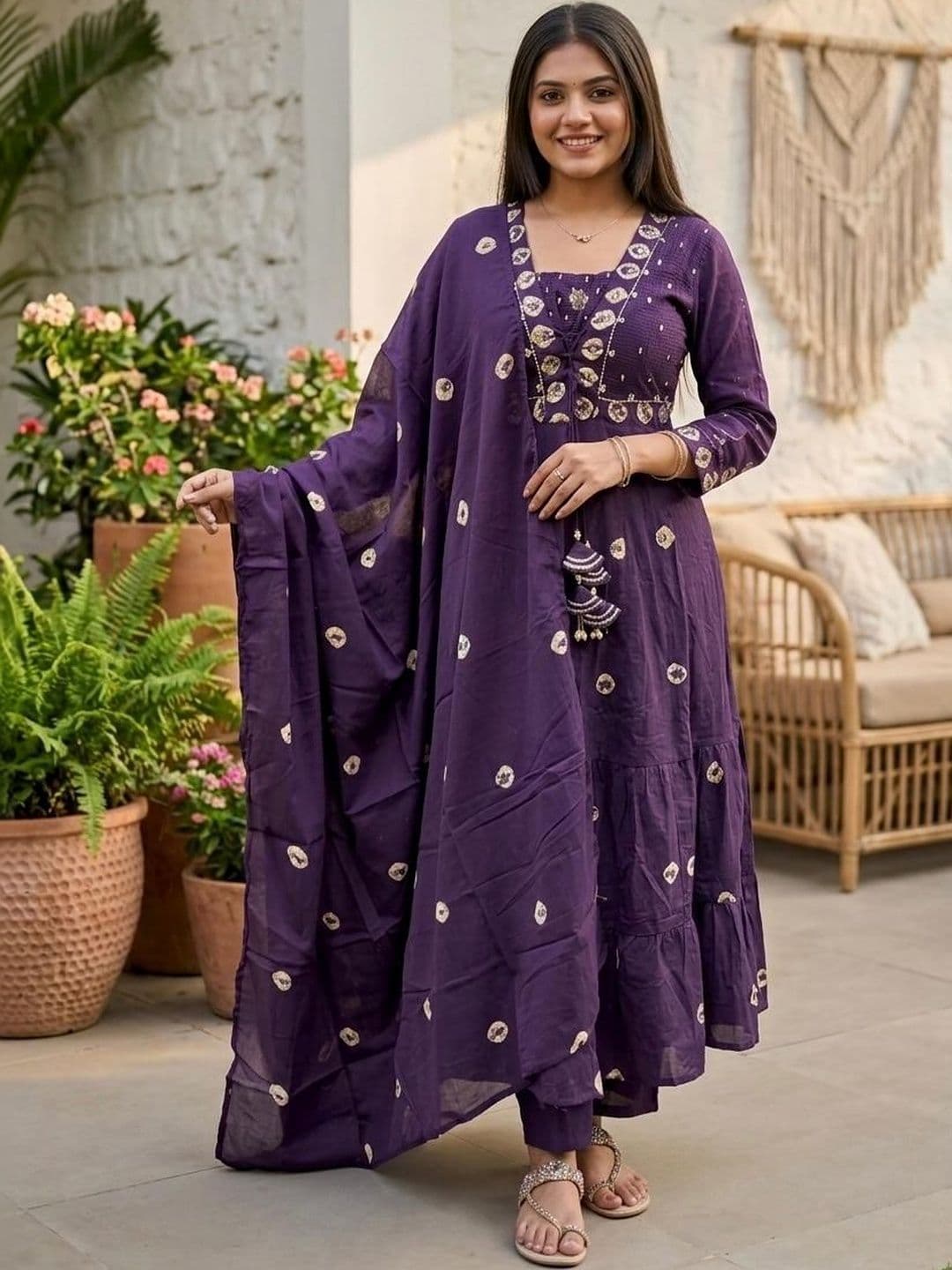 MILAAV Women Ethnic Motifs Printed Tiered Thread Work Kurta with Trousers & With Dupatta - view 1