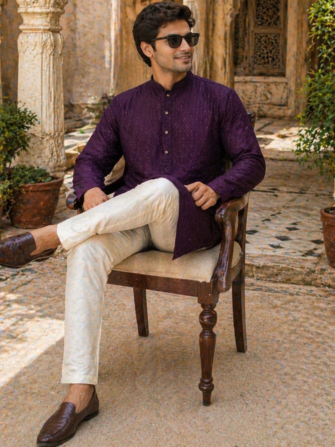 House of Pataudi Ethnic Motifs Embroidered Sequinned Detail Mandarin Collar Straight Kurta thumbnail 4