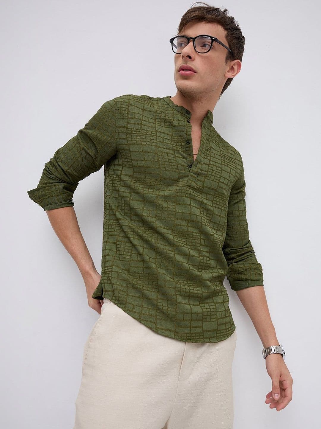 VASTRADO Classic Forest Green Maze Textured Kurta thumbnail 4