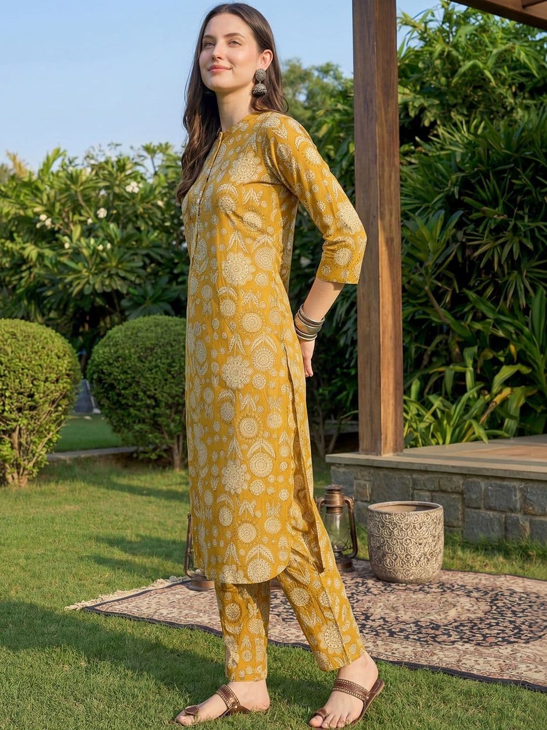 Indo Era Women Ethnic Motifs Printed Regular Pure Cotton Kurta with Trousers thumbnail 2