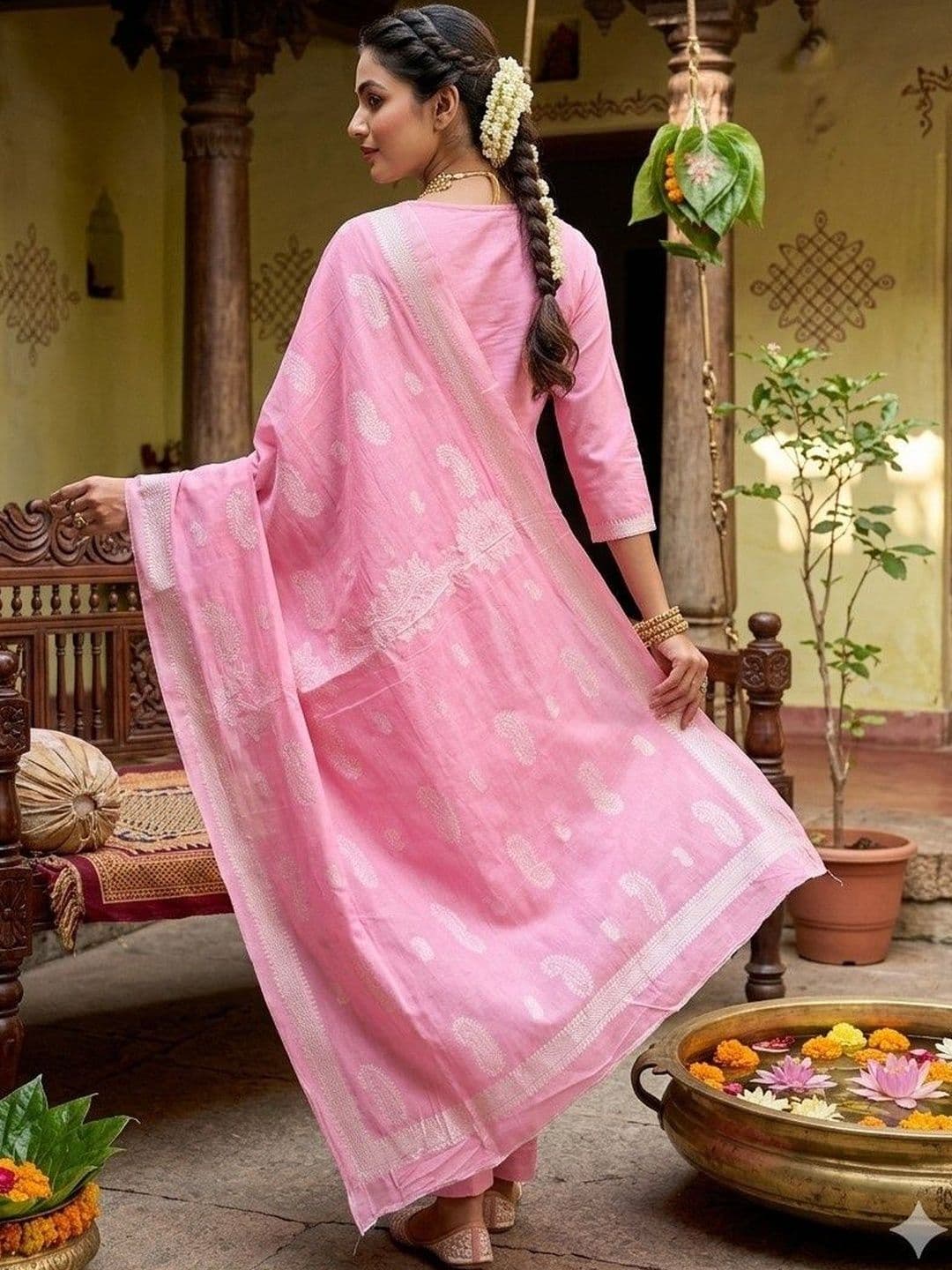 DOLLED Ethnic Motifs Printed Pure Cotton Kurta With Trousers & Dupatta thumbnail 3