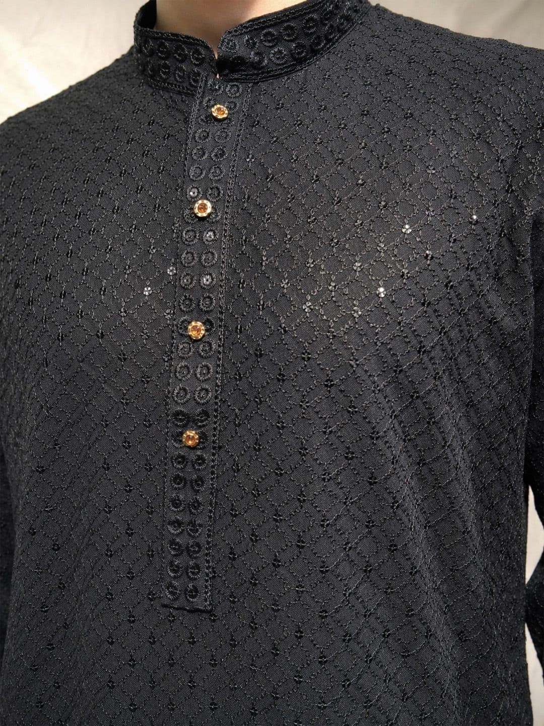 House of Pataudi Ethnic Motifs Embroidered Sequinned Detail Mandarin Collar Straight Kurta thumbnail 5