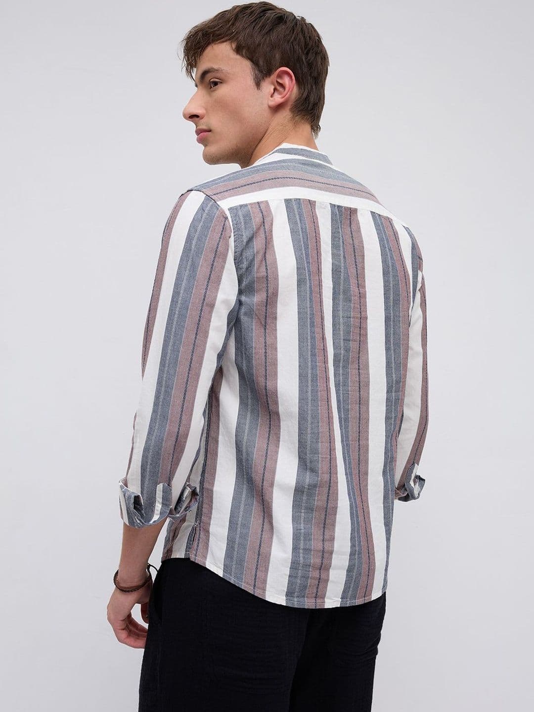 VASTRADO Refined White & Grey Broad Striped Kurta thumbnail 3