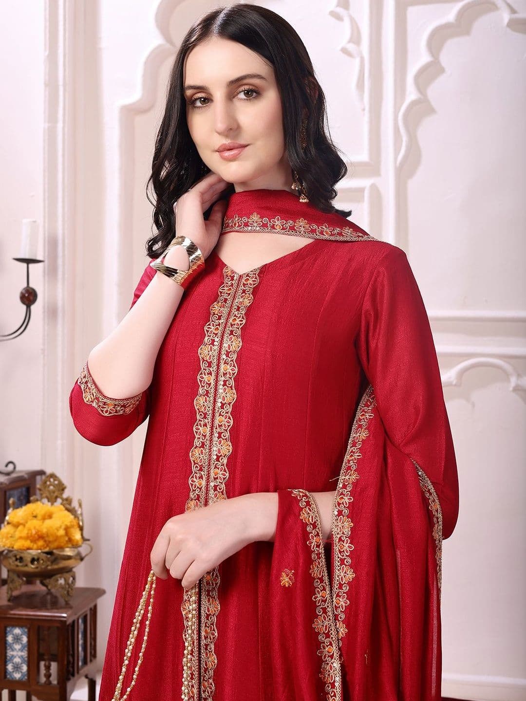 Berrylicious Women Ethnic Motifs Embroidered Panelled Thread Work Kurta with Trousers & With Dupatta thumbnail 6