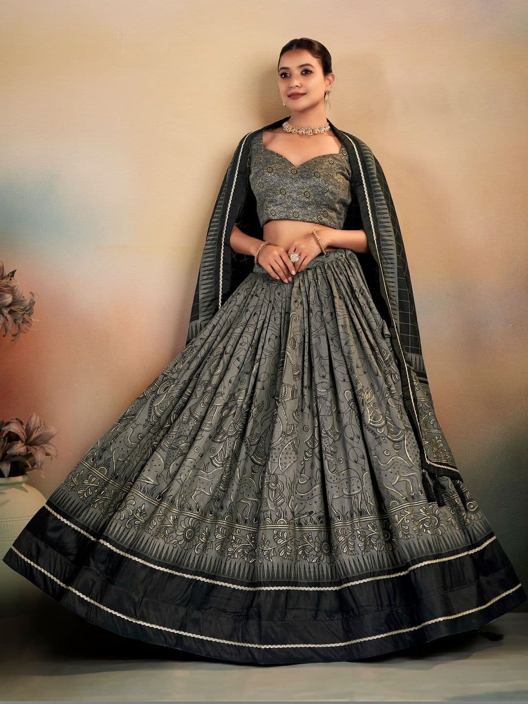 SOURAGYA Embroidered Kalamkari Semi-Stitched Lehenga & Blouse With Dupatta - view 1