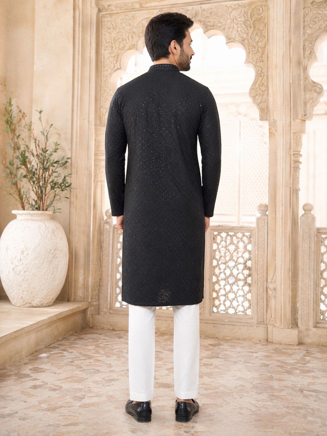 House of Pataudi Ethnic Motifs Embroidered Sequinned Detail Mandarin Collar Straight Kurta thumbnail 4