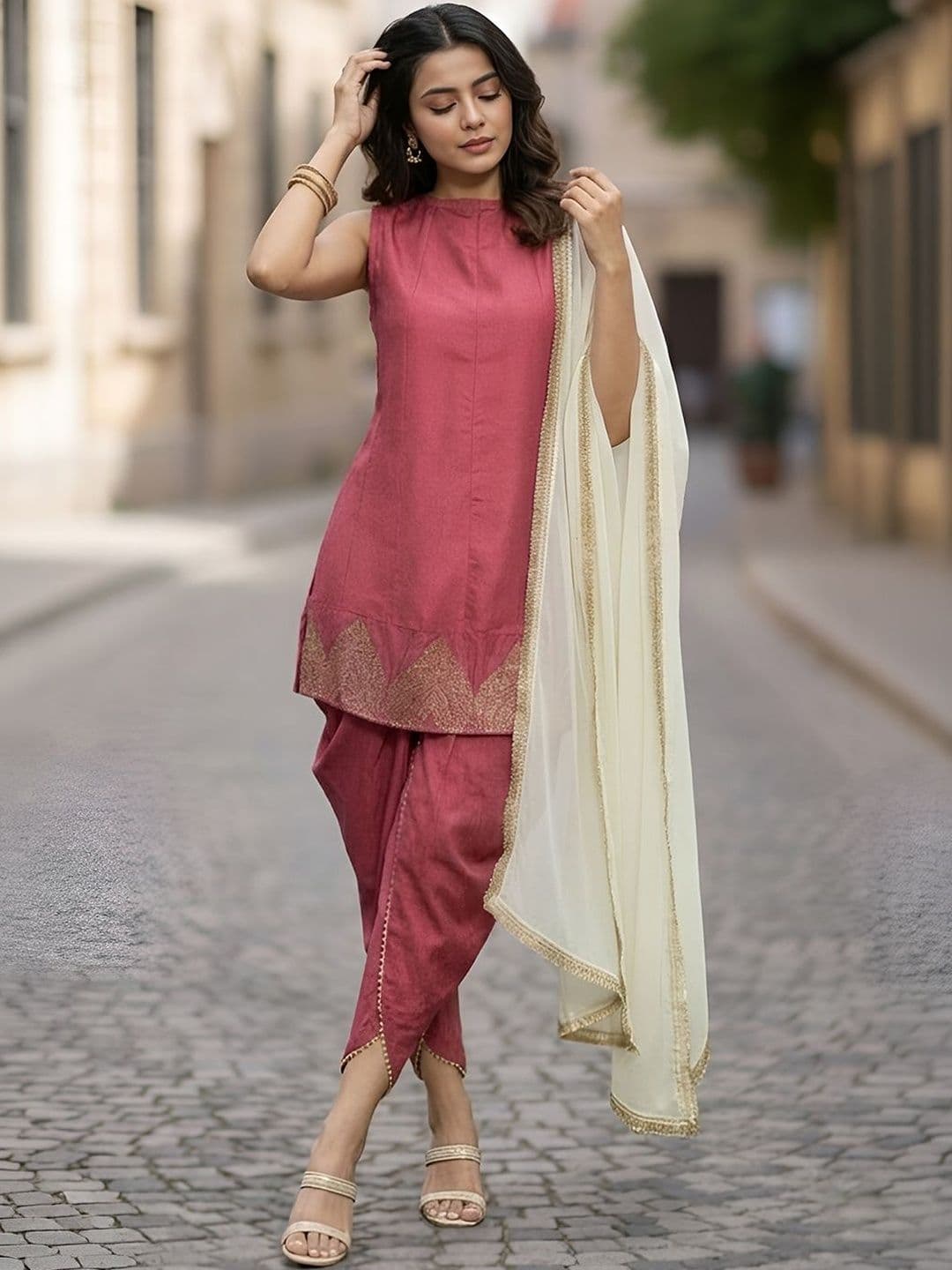 Anouk Rustic Women Ethnic Motifs Embroidered Regular Thread Work Kurta with Dhoti Pants & With Dupatta thumbnail 2
