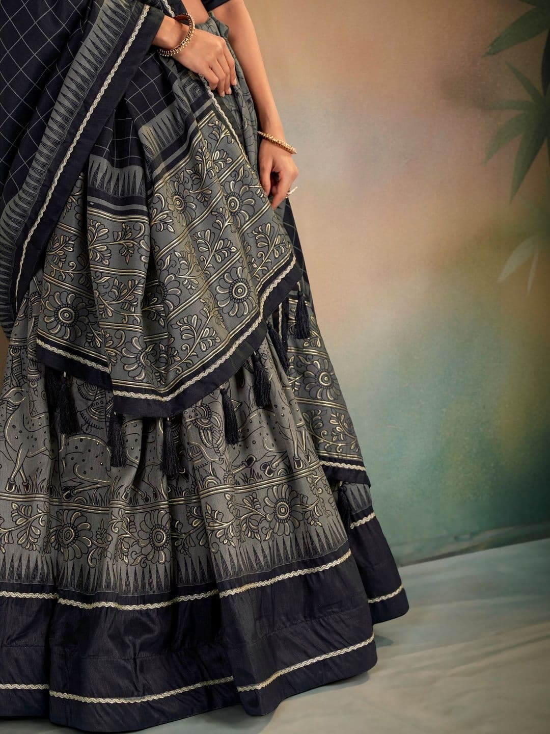 SOURAGYA Embroidered Kalamkari Semi-Stitched Lehenga & Blouse With Dupatta thumbnail 5