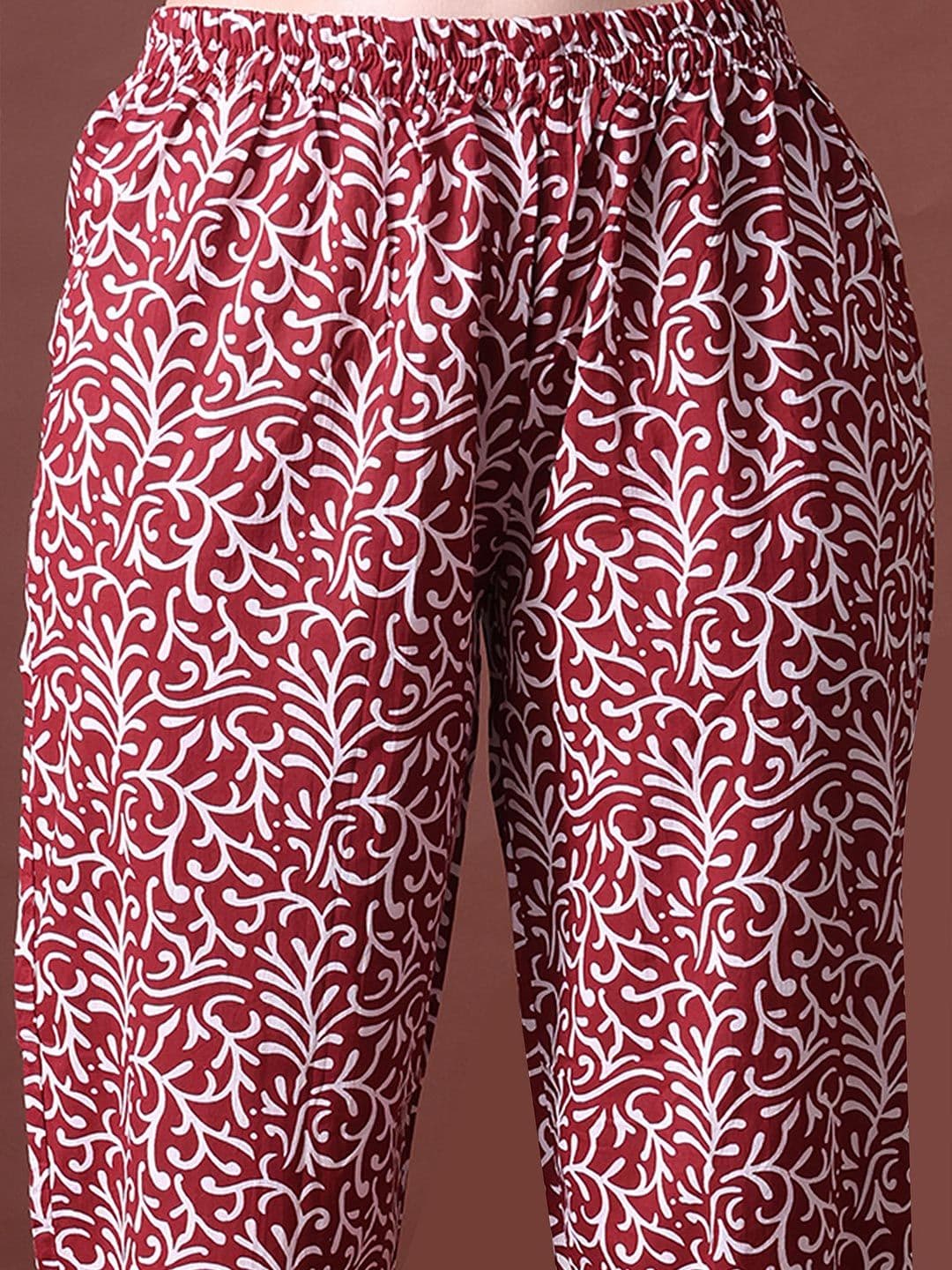 MEERA FAB Women Maroon Floral Printed Regular Thread Work Pure Cotton Kurta with Trousers & With Dupatta thumbnail 7