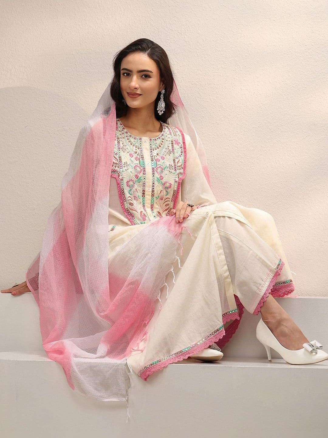 Libas Women Ethnic Motifs Embroidered Panelled Thread Work Kurta with Trousers & With Dupatta thumbnail 3