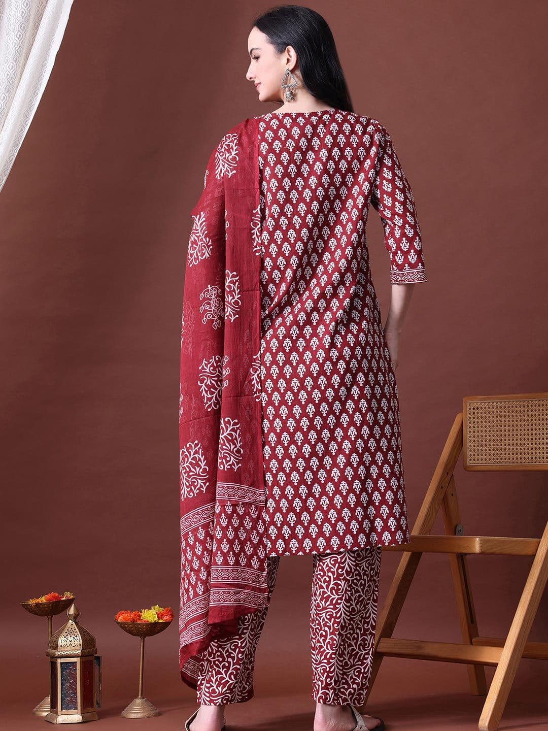 MEERA FAB Women Maroon Floral Printed Regular Thread Work Pure Cotton Kurta with Trousers & With Dupatta thumbnail 3