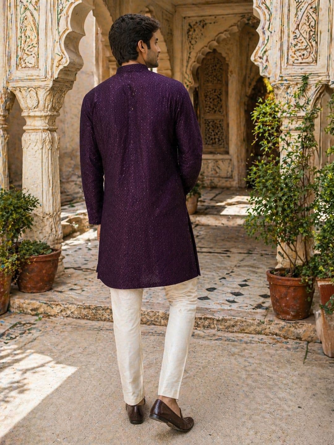 House of Pataudi Ethnic Motifs Embroidered Sequinned Detail Mandarin Collar Straight Kurta thumbnail 5