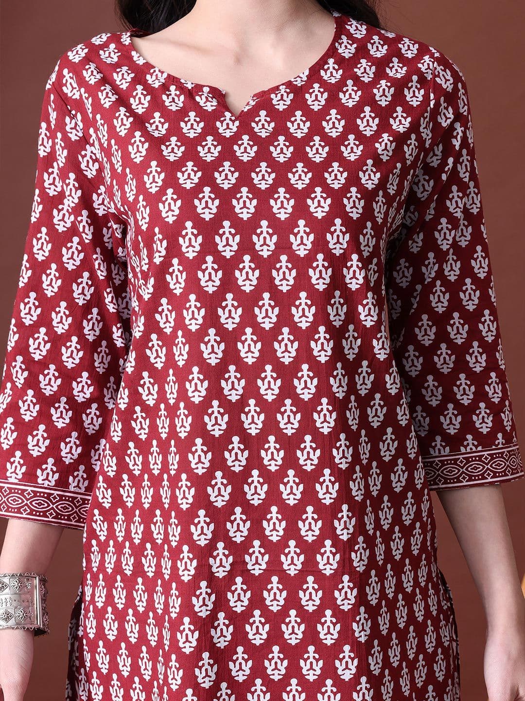 MEERA FAB Women Maroon Floral Printed Regular Thread Work Pure Cotton Kurta with Trousers & With Dupatta thumbnail 4