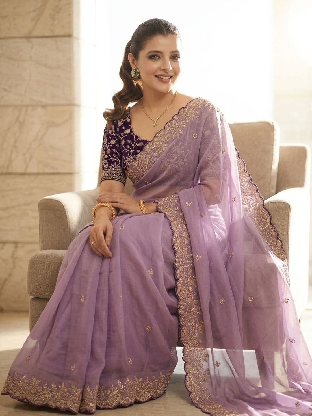 Sangria Geometric Embroidered Saree With Blouse Piece thumbnail 2