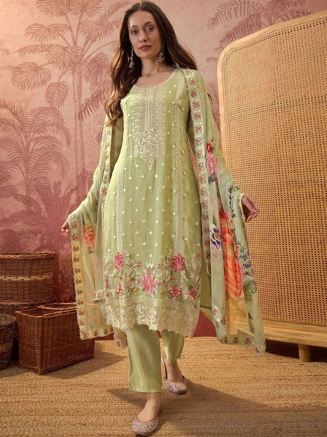 Sangria Embroidered Round Neck Kurta & Trousers With Dupatta - view 1