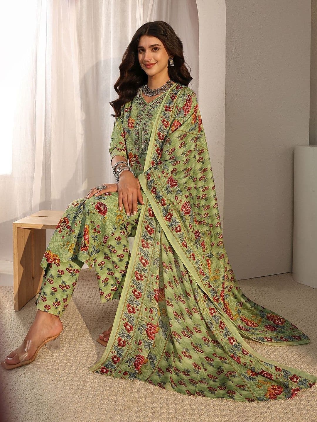 Gerua By Libas Libas Green Floral Printed Straight Suit Set with Dupatta - view 1