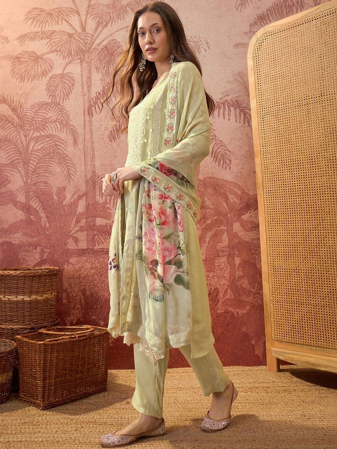Sangria Embroidered Round Neck Kurta & Trousers With Dupatta thumbnail 4