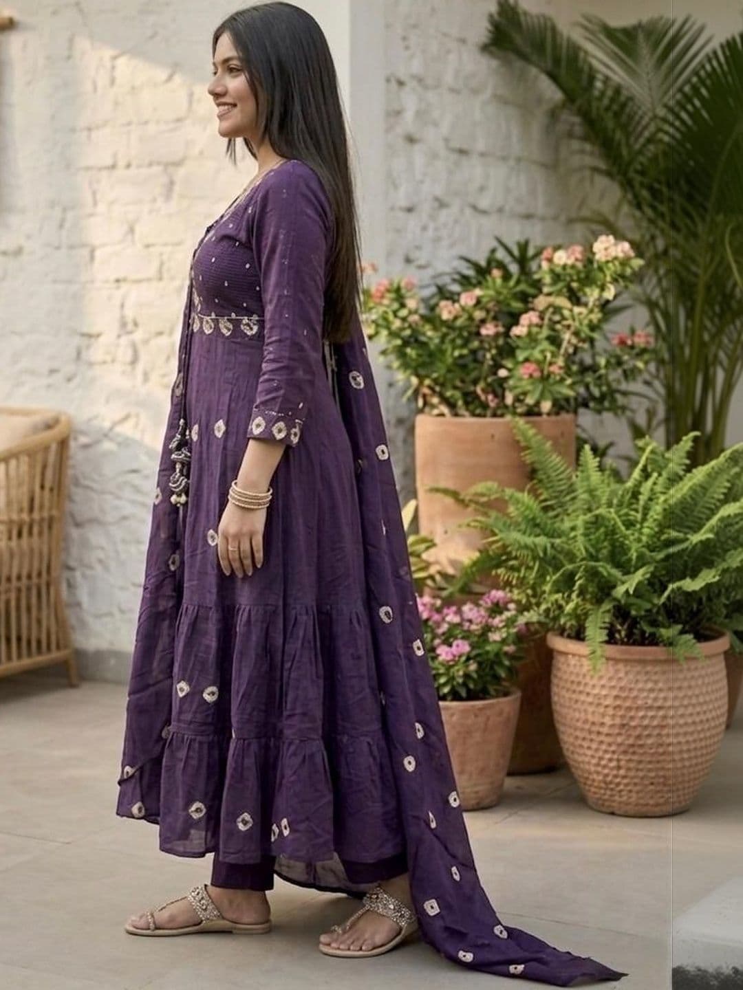 MILAAV Women Ethnic Motifs Printed Tiered Thread Work Kurta with Trousers & With Dupatta thumbnail 6