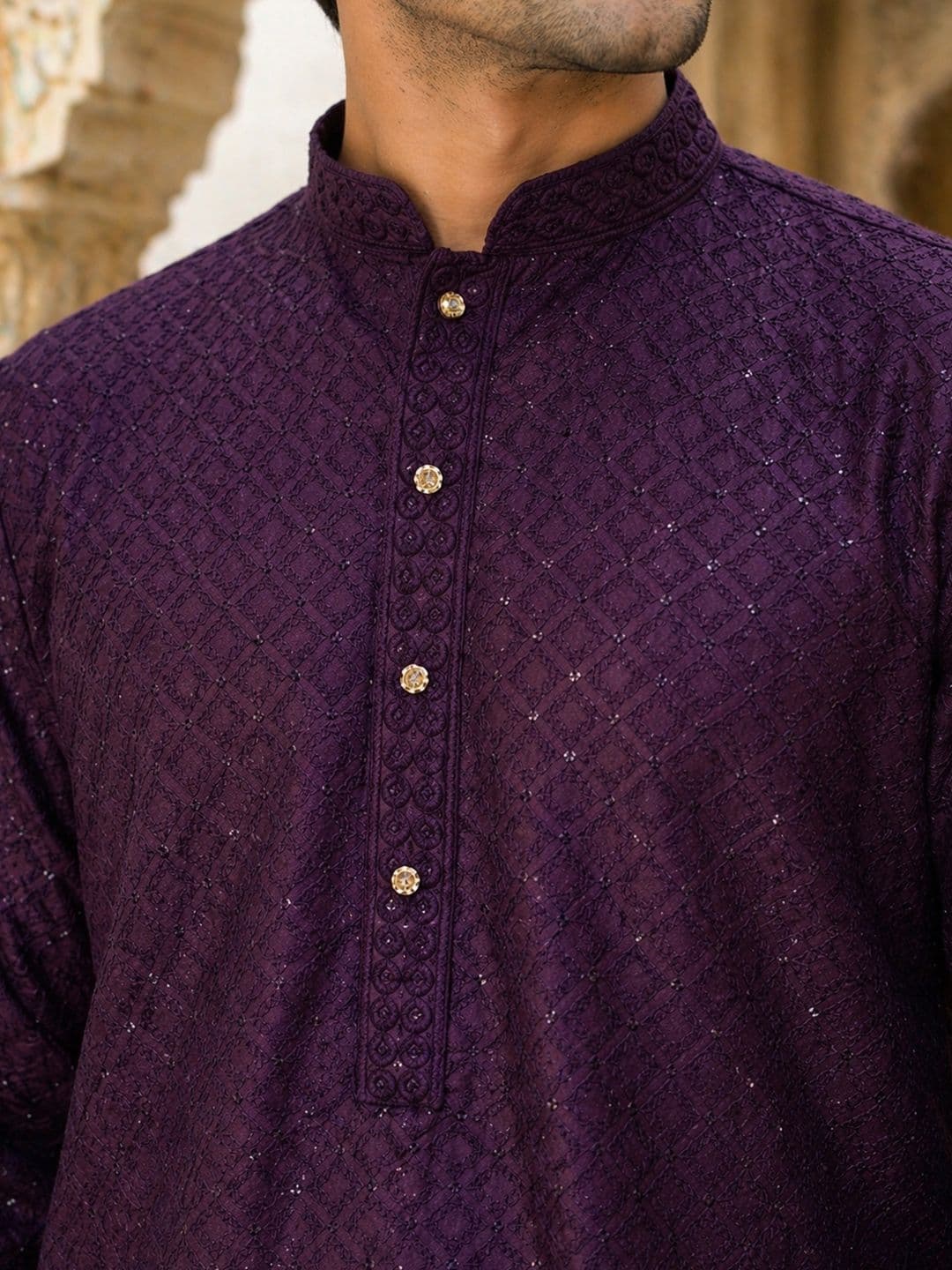 House of Pataudi Ethnic Motifs Embroidered Sequinned Detail Mandarin Collar Straight Kurta thumbnail 7