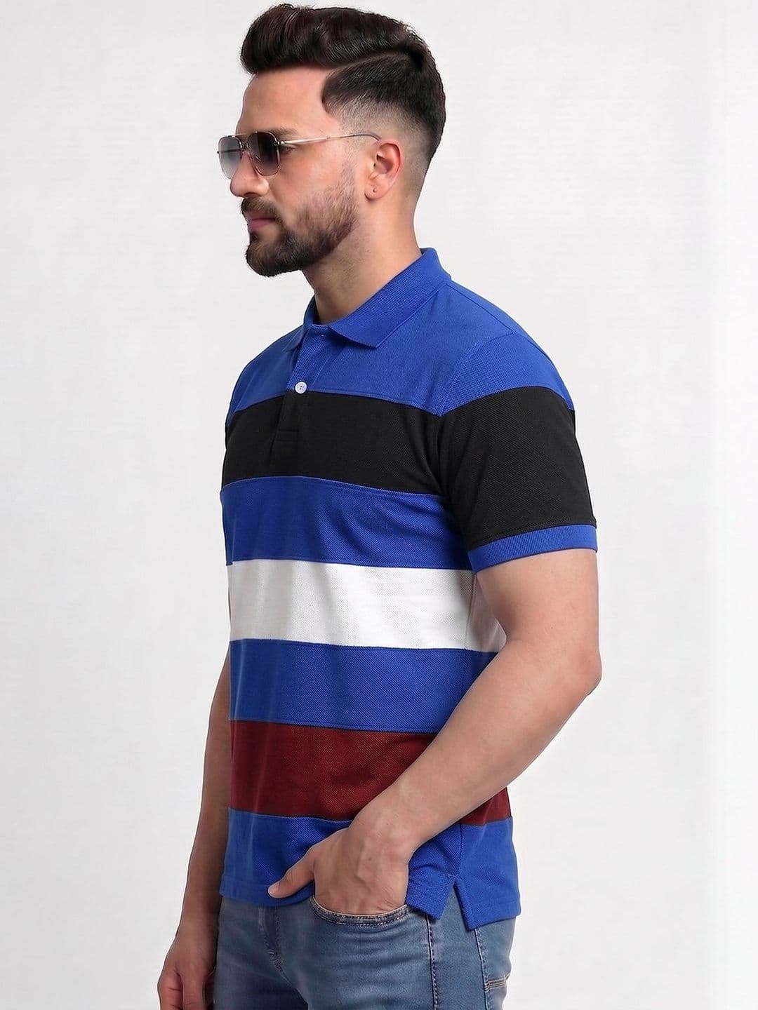 TB BLUE Men Striped Polo Collar Slim Fit T-shirt thumbnail 3