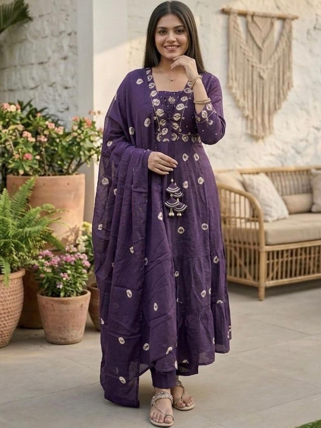 MILAAV Women Ethnic Motifs Printed Tiered Thread Work Kurta with Trousers & With Dupatta thumbnail 3