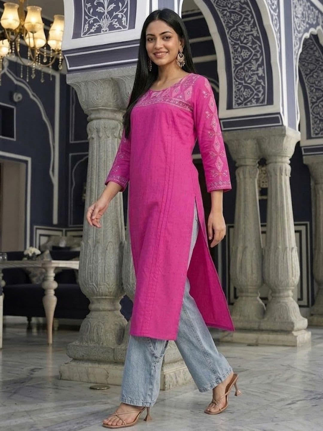 Varanga Women Ethnic Motifs Embroidered Daily Cotton Straight Kurta thumbnail 6