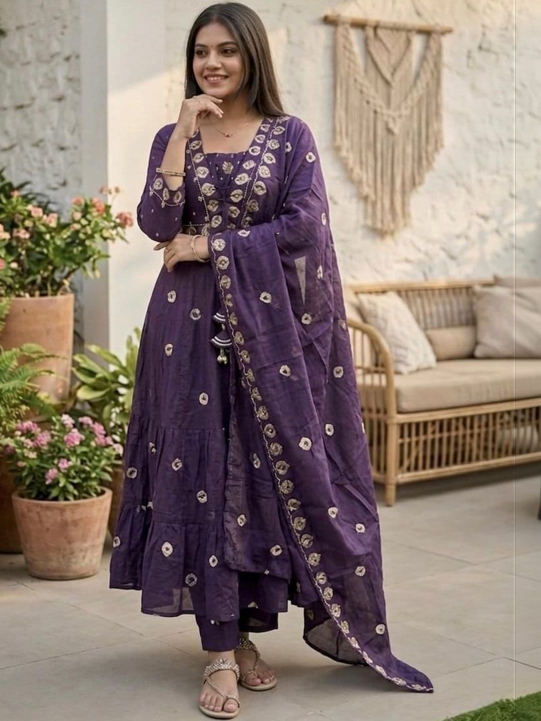 MILAAV Women Ethnic Motifs Printed Tiered Thread Work Kurta with Trousers & With Dupatta thumbnail 2