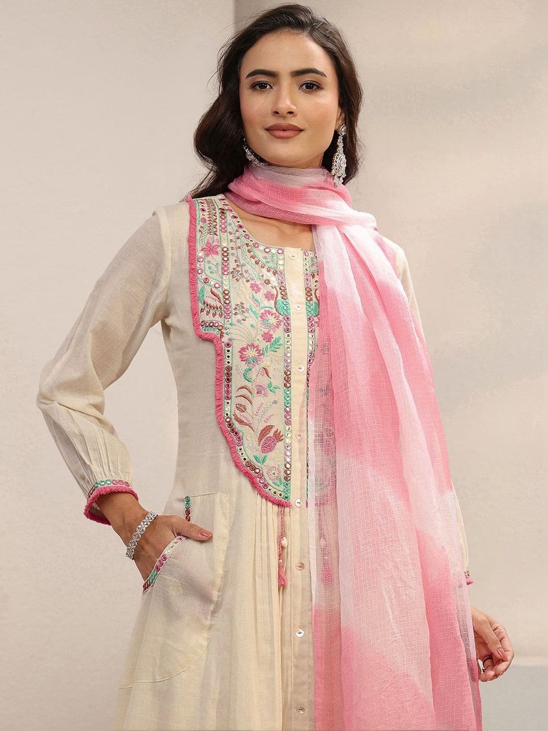 Libas Women Ethnic Motifs Embroidered Panelled Thread Work Kurta with Trousers & With Dupatta thumbnail 7