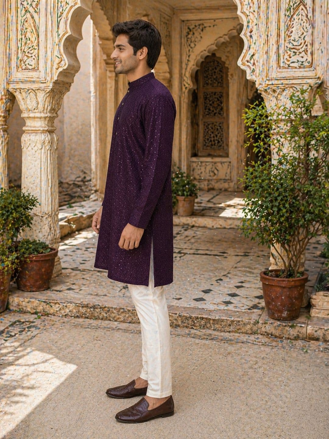 House of Pataudi Ethnic Motifs Embroidered Sequinned Detail Mandarin Collar Straight Kurta thumbnail 2