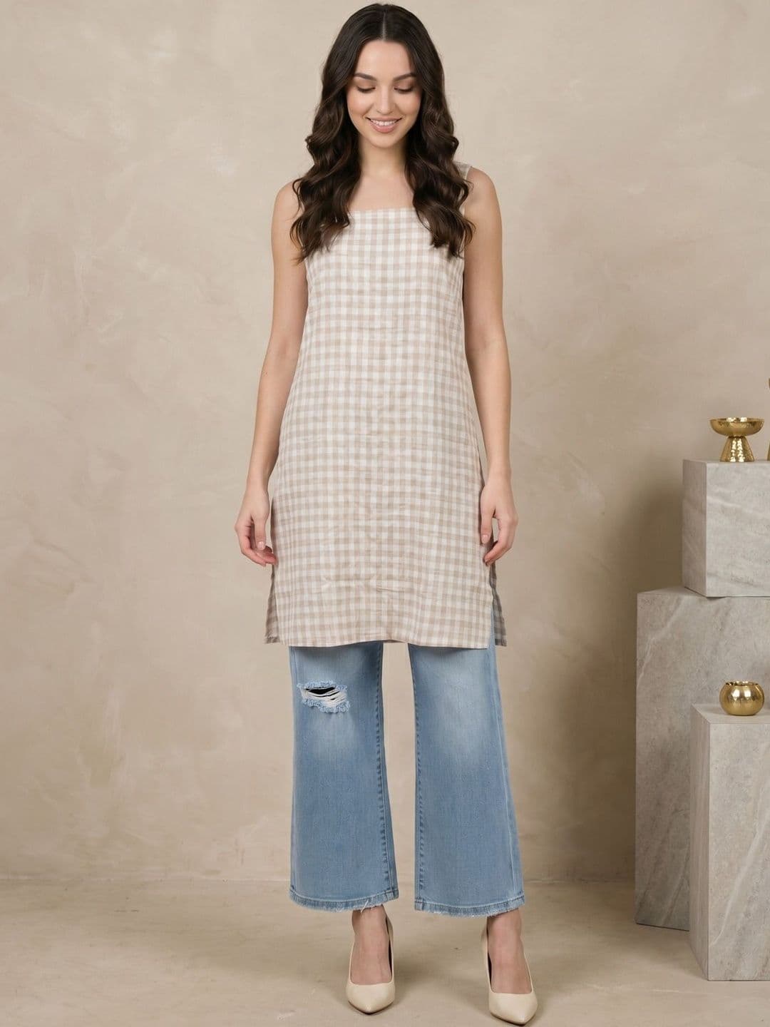 Anouk Rustic Women Gingham Check Printed Square Neck Sleeveless Straight Kurta thumbnail 2