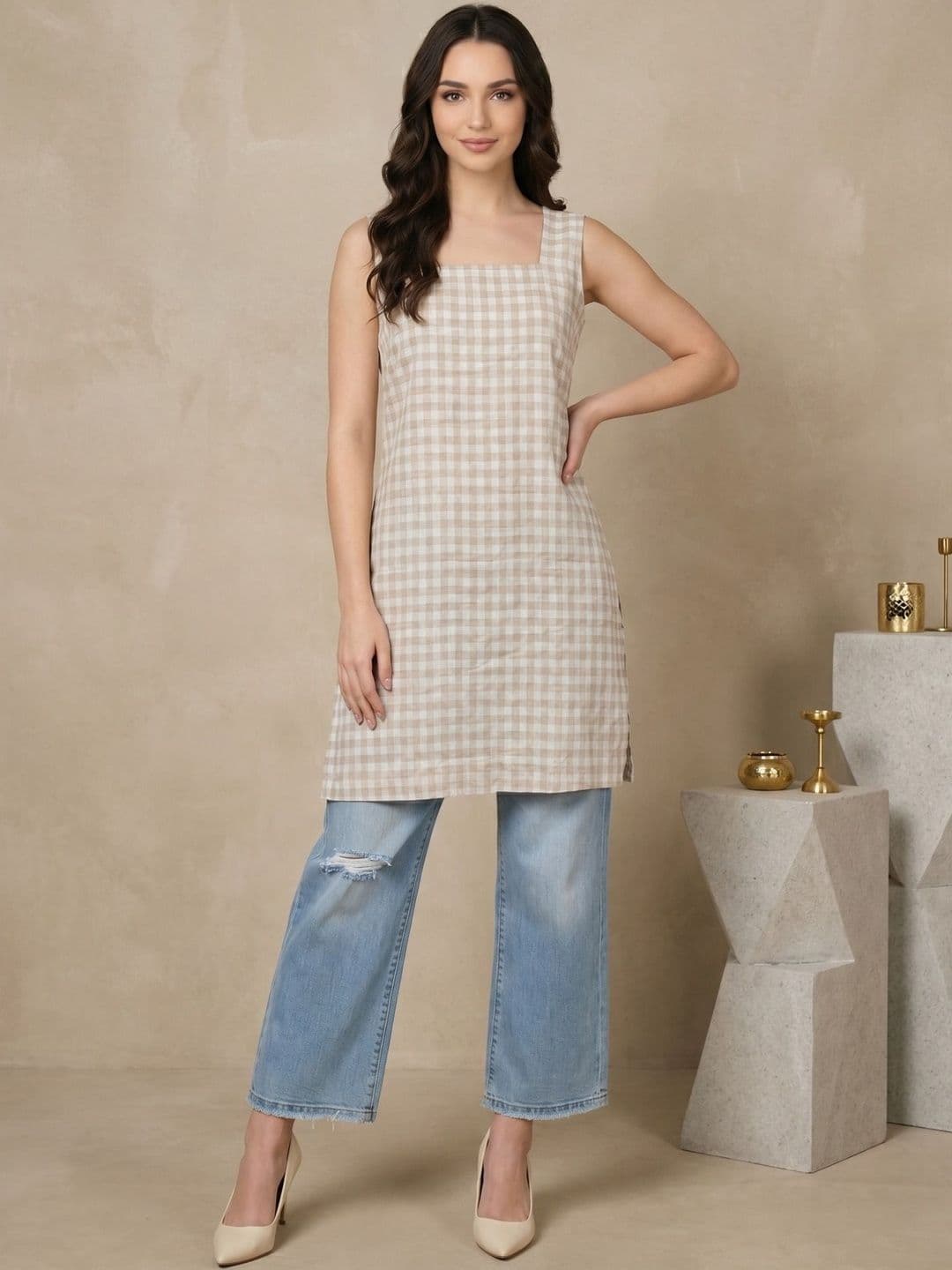 Anouk Rustic Women Gingham Check Printed Square Neck Sleeveless Straight Kurta - view 1